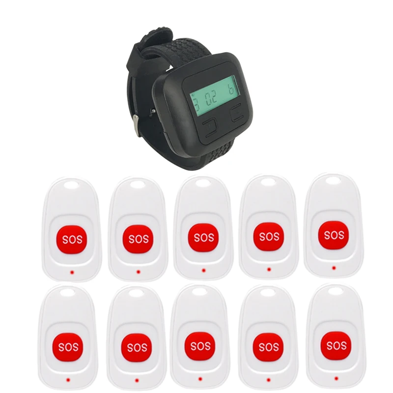 Wireless Paging System 1 Wristwatch Receiver +10 SOS Emergency Call Buttons White  For Hospital Clinic Nurse House