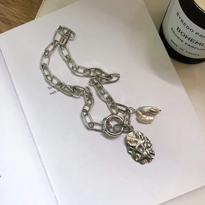 

Punk Retro Irregular Freshwater Pearls Pendant Necklace Baroque Bump Texture Oval Hanging Drop Long Chain Link Metal Necklace