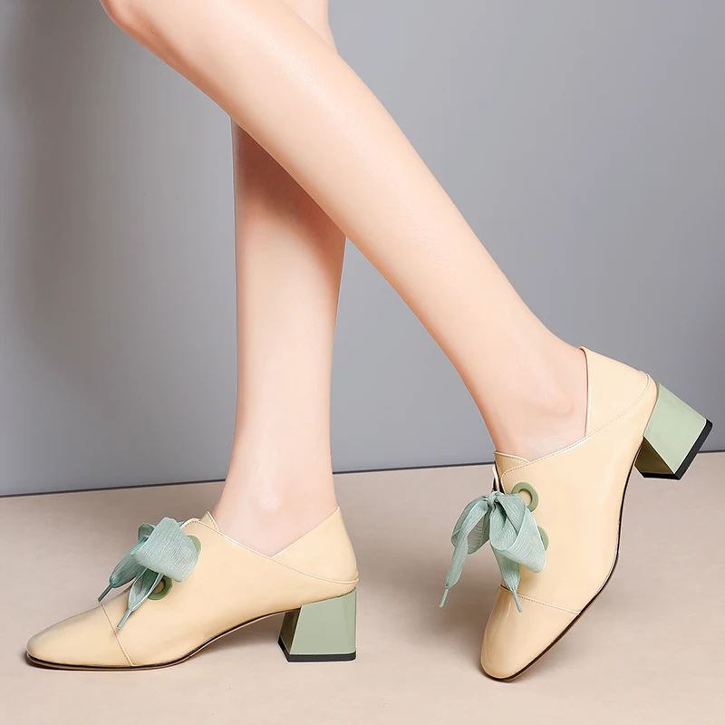 

autuspin Newest Patent Leather Women's Pumps Fashion Mixed Colors Thick Heels Ladies Elegant Silk Tie Party Wedding Office Shoes