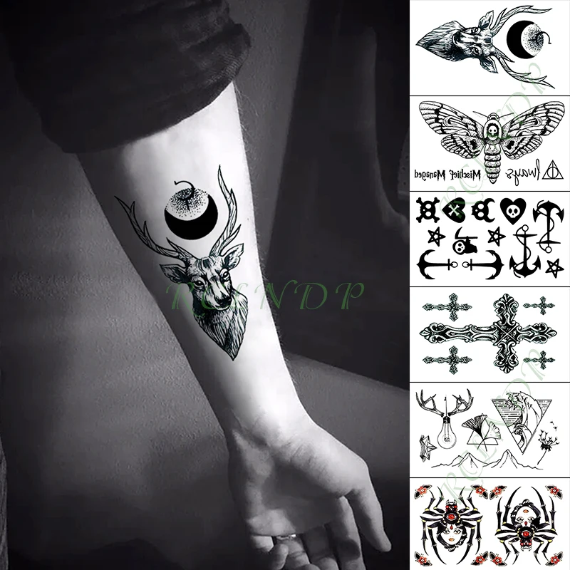 Waterproof Temporary Tattoo Sticker deer moon spider butterfly cross skull small tatoo fake tatto flash tattoos for men women | Красота и