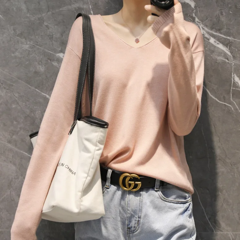 

Fashion New Women's Knitted Pullover Tops 2021 Spring and Autumn V-Neck Long-Sleeve Loose All-Match Solid Color High Quality Top