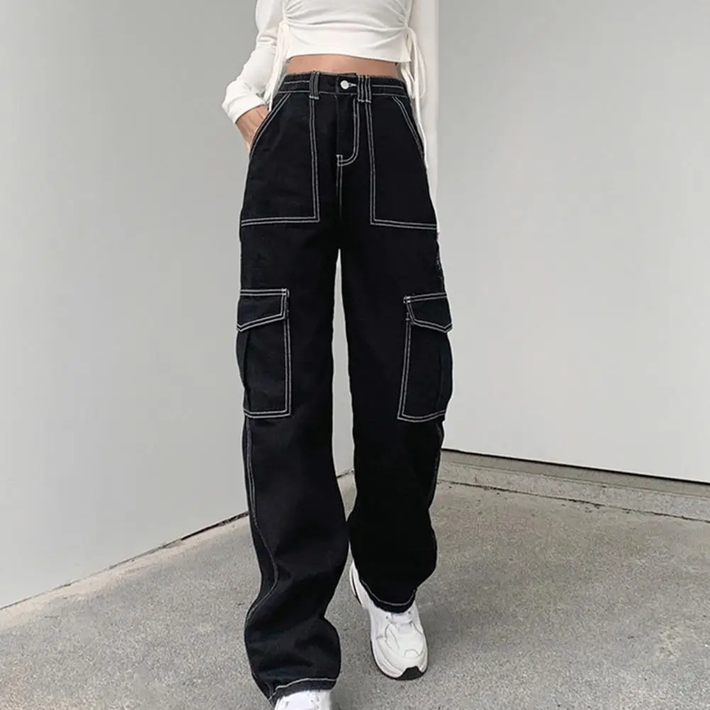 2021 повседневные Модные крутые женские джинсы с высокой талией и  несколькими карманами зимние прямые широкие брюки в стиле пэчворк джинсовые  брюки уличная одежда | AliExpress