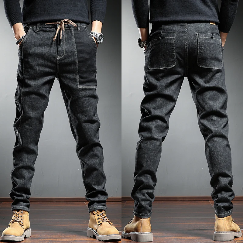 Autumn New Mens Black Jeans Men Fashion Spliced Jean Streetwear Casual Male Harem Pants Regular Drawstring Denim Trousers