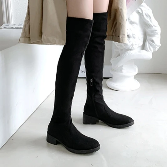 Black Low heel SIMLOVEYO/черные, серые женские замшевые ботфорты выше колена на толстом квадратном каблуке; женские Сапоги выше колена; большие размеры 32-48; B007 - Цвет: Black Low heel