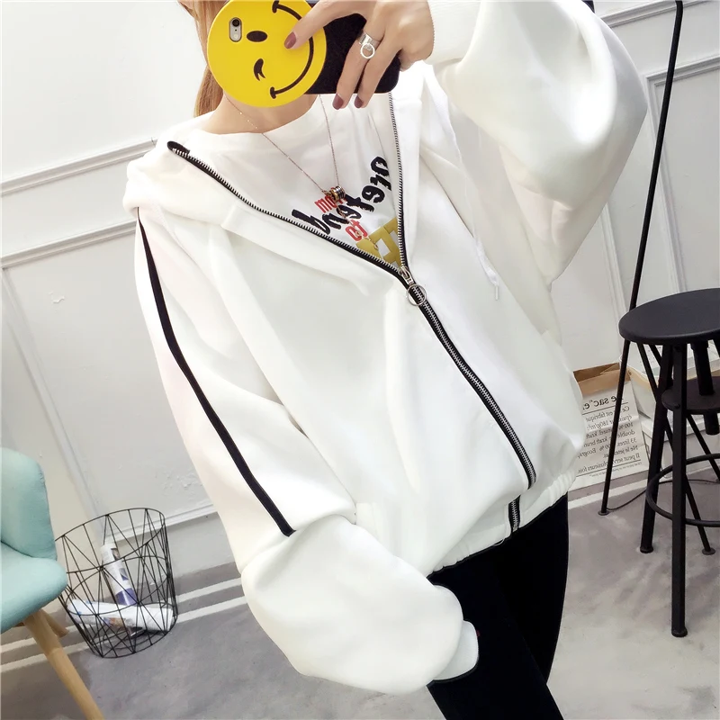 Женская толстовка на молнии черно-белая Свободная Повседневная Толстовка