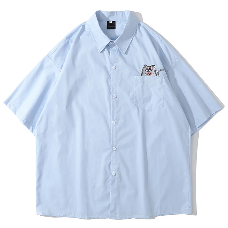 

Mens Harajuku Embroidery Shirts Blouse Unisex Oversize Short Sleeve 2021 Summer Hawaii Turn-down Collar Solid Color Loose Shirts