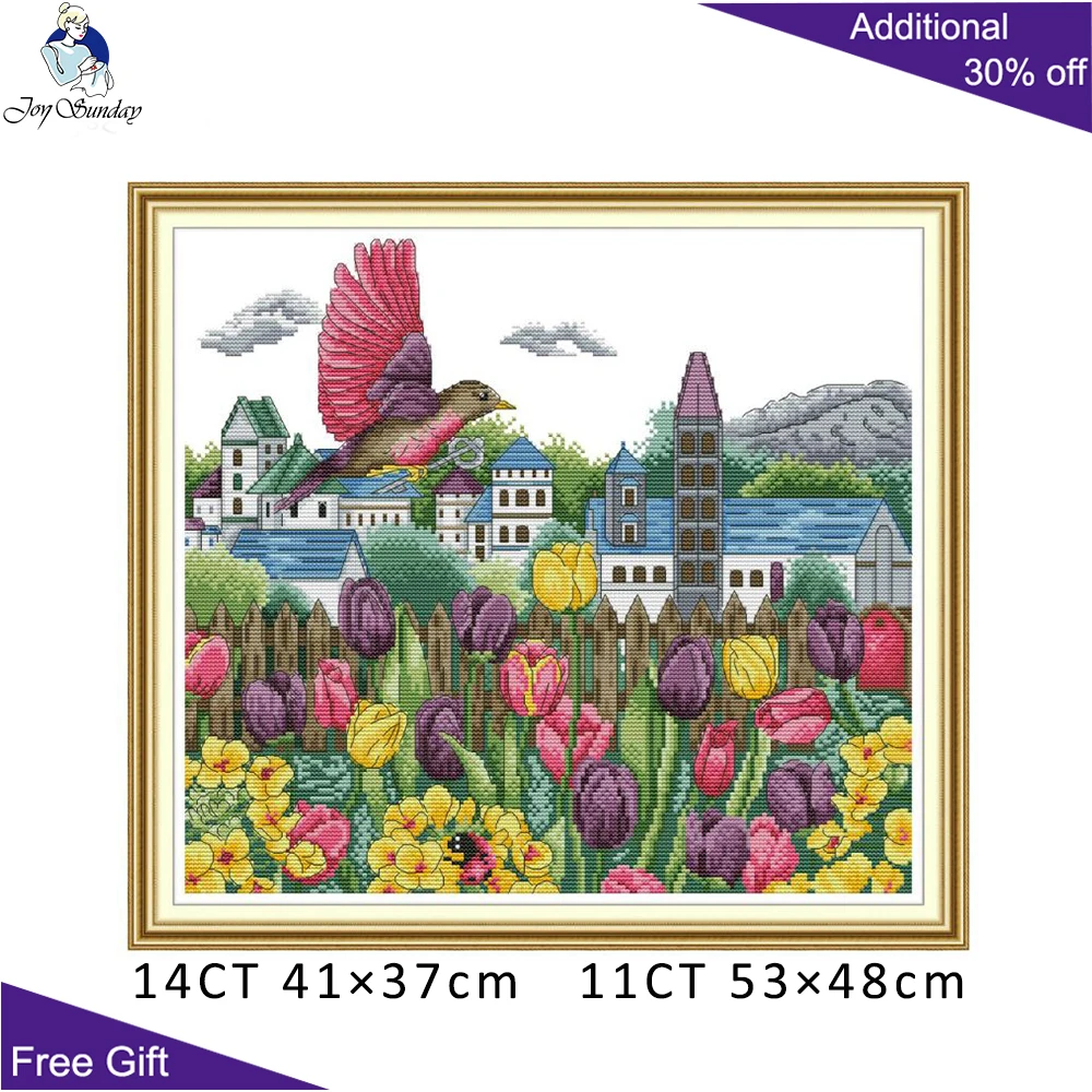 Joy Sunday тюльпаны птица и крест вышивка H808 14CT 11CT штампованный Счетный домашний