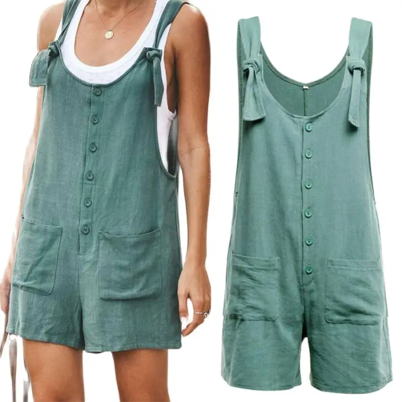 

M.Y.FANTASY 2021 Women Jumpsuit Summer Sleeveless Solid Short Rompers Overalls Casual Button Pocket Strapless Suspenders Bib Sh