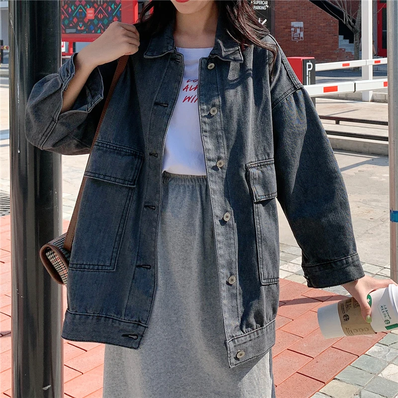 Куртка женская джинсовая однобортная в Корейском стиле голубая на осень 2020 |