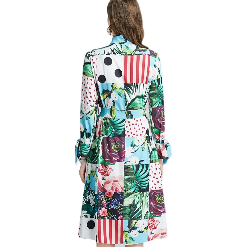 

COIGARSAM Full Sleeve Women dress Spring Print Bow Panelled Dresses Blue 350