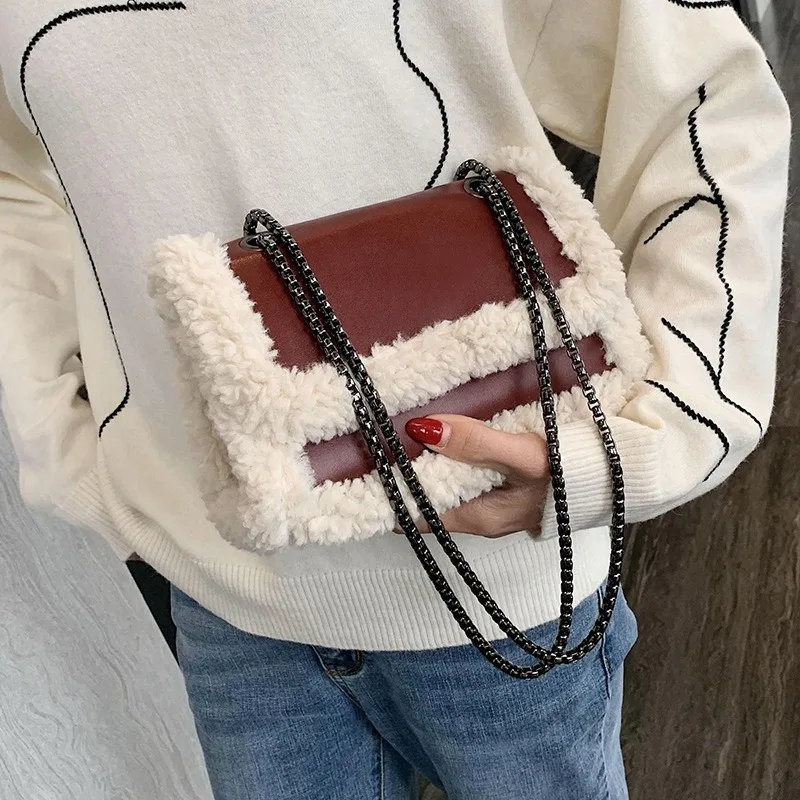 

High Quality Pu Chain Single Shoulder Lamb Hair Small Square Bag 2020 New Lady 100 Lap Chain Single Shoulder Oblique Satchel