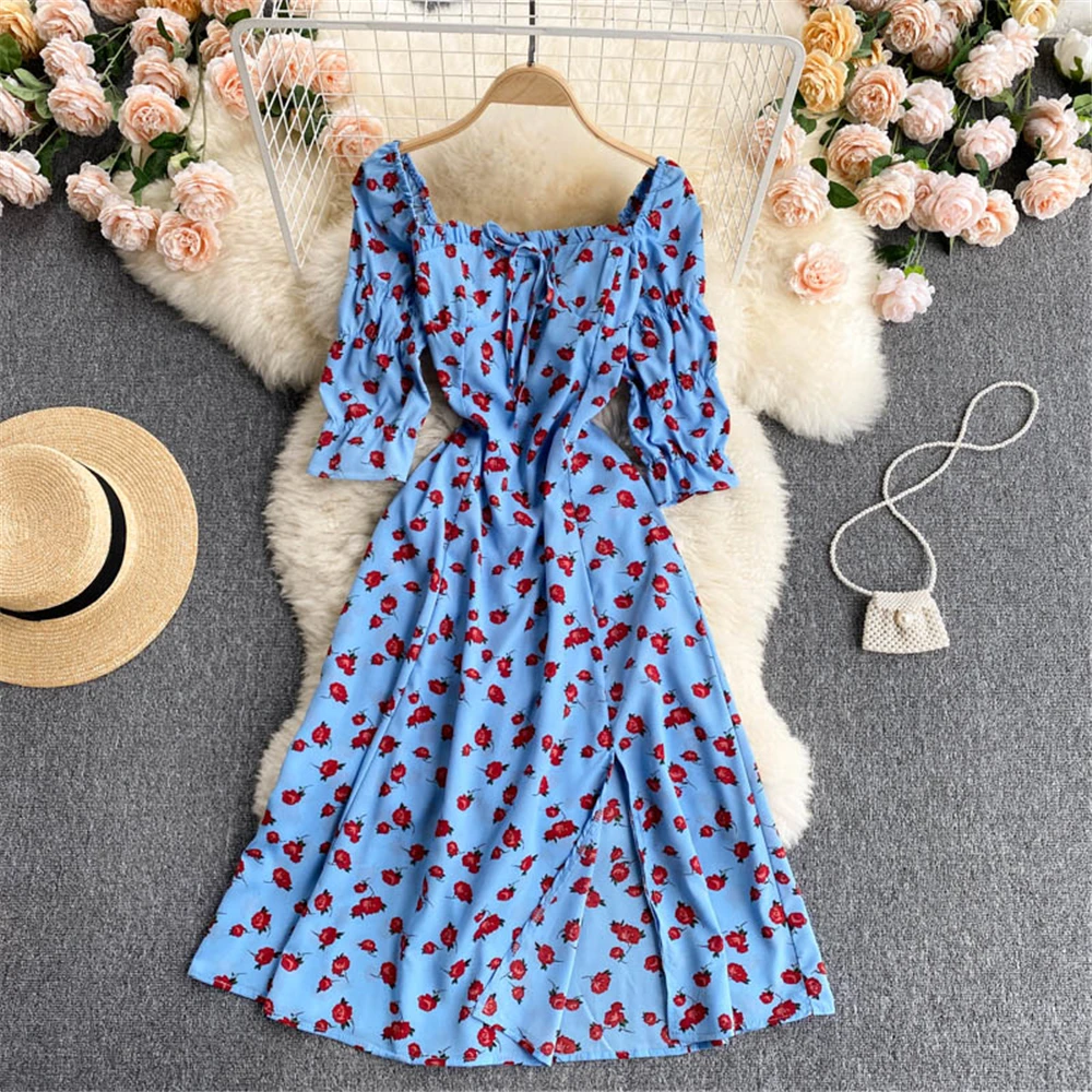 

Women Floral Summer Dress 2021 French Woman Slim Split Printed Midi Dresses Fashion Casual Short Sleeve Sundress Female Clothing
