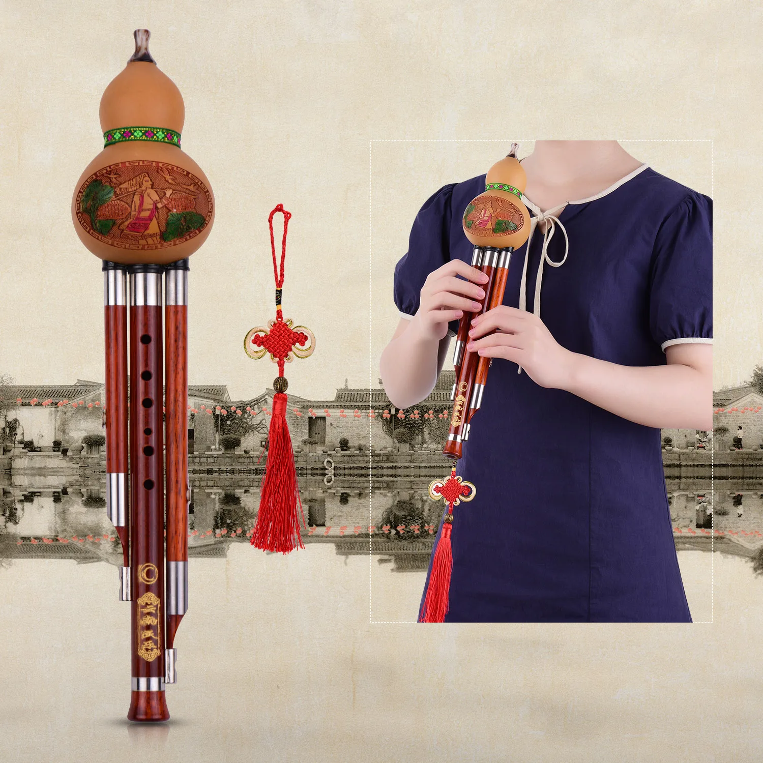 

3 тона C-Key Hulusi Тыква Cucurbit Flute твердые деревянные трубы Китайский традиционный инструмент с китайским узлом чехол для переноски