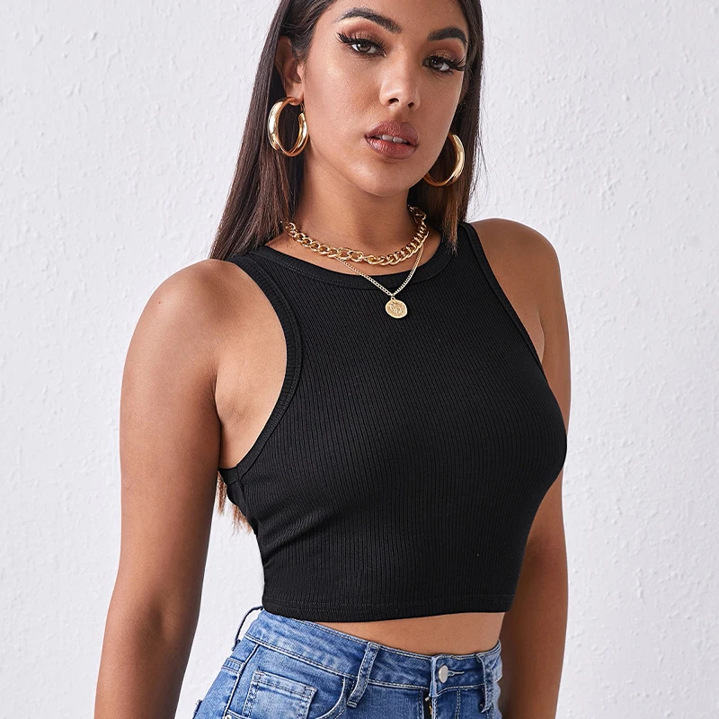 

2021 New Summer Women Sexy Crop Tops Solid Black/White Casual Tank Tops Vest Sleeveless Crop Tops Slim Render Short Tops