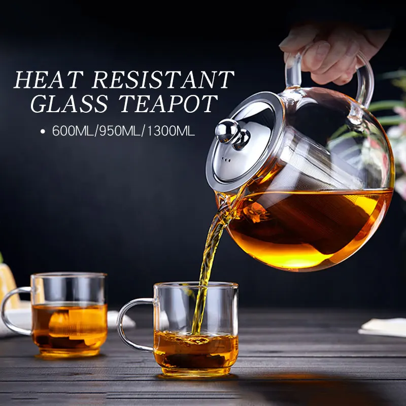 950ml 600/950/1300 мл Стекло Нержавеющая сталь Чай горшок с фильтром Infuser крышкой термостойкие Чай чайник Офис Чай набор посуды - Цвет: 950ml