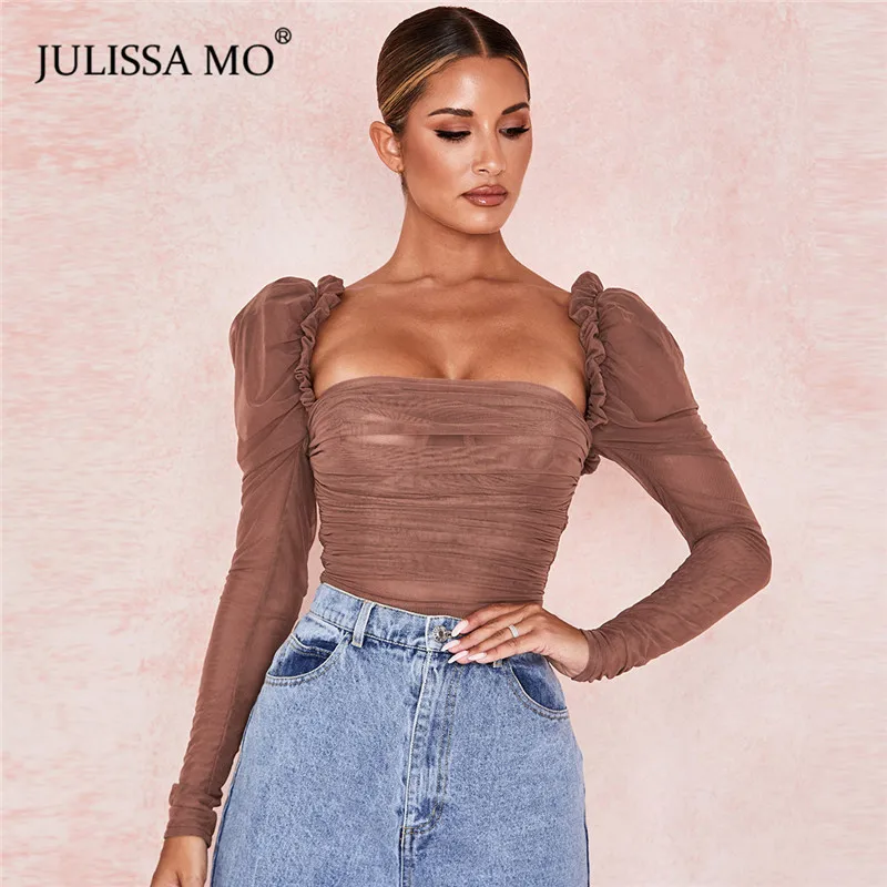 Julissa mo, черный, двойной слой, сетка, сексуальный боди, женские топы, осень, новинка, длинный рукав, средняя талия, боди, для девушек, бодикон, комбинезоны