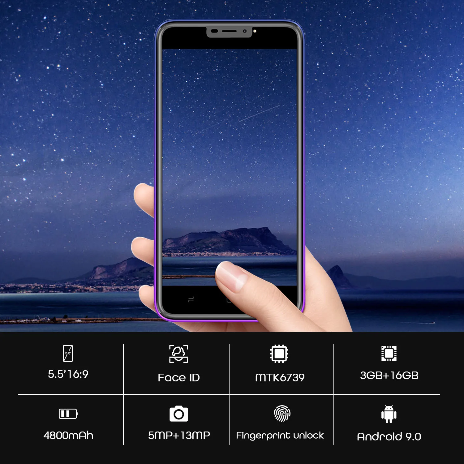 DUODUOGO G55 мобильный телефон Android 9,0 3 ГБ ОЗУ 16 Гб ПЗУ 13MP+ 5MP 5," HD ips 4800mAh отпечаток пальца 4G celular смартфон мобильный телефон