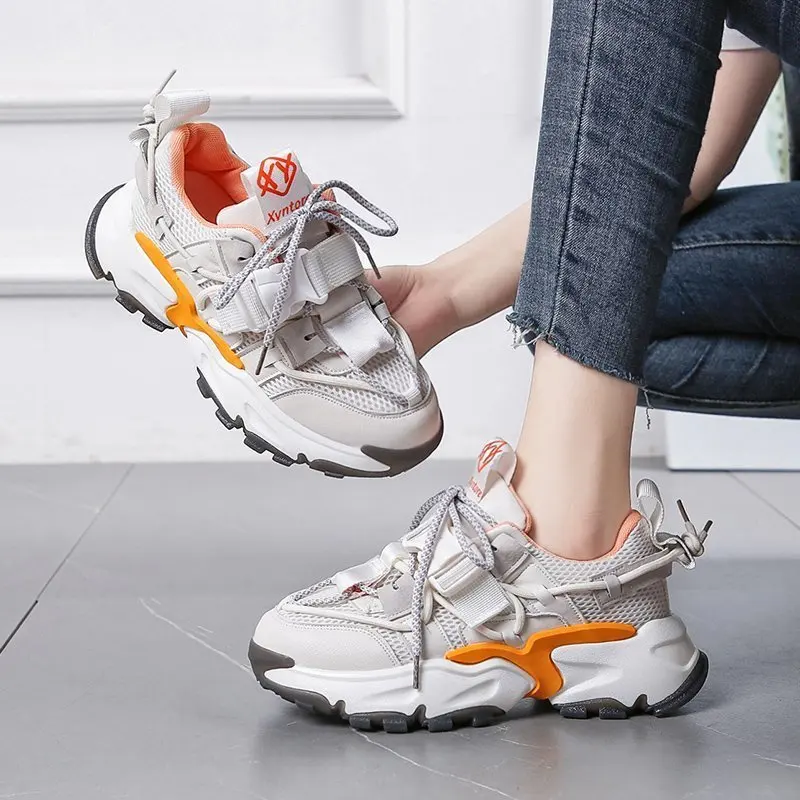 

Fashion Split PU Women Chunky Sneakers Shoes Lace Up Tenis Feminino Zapatos De Mujer Flat Platform Women Casual Running Shoe