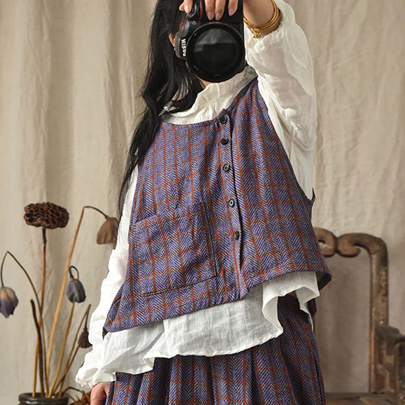 

Women Vintage Plaid Vests Cotton Linen Coats 2021 Spring New Button Pockets Sleeveless Loose Chinese Style Vests Coats