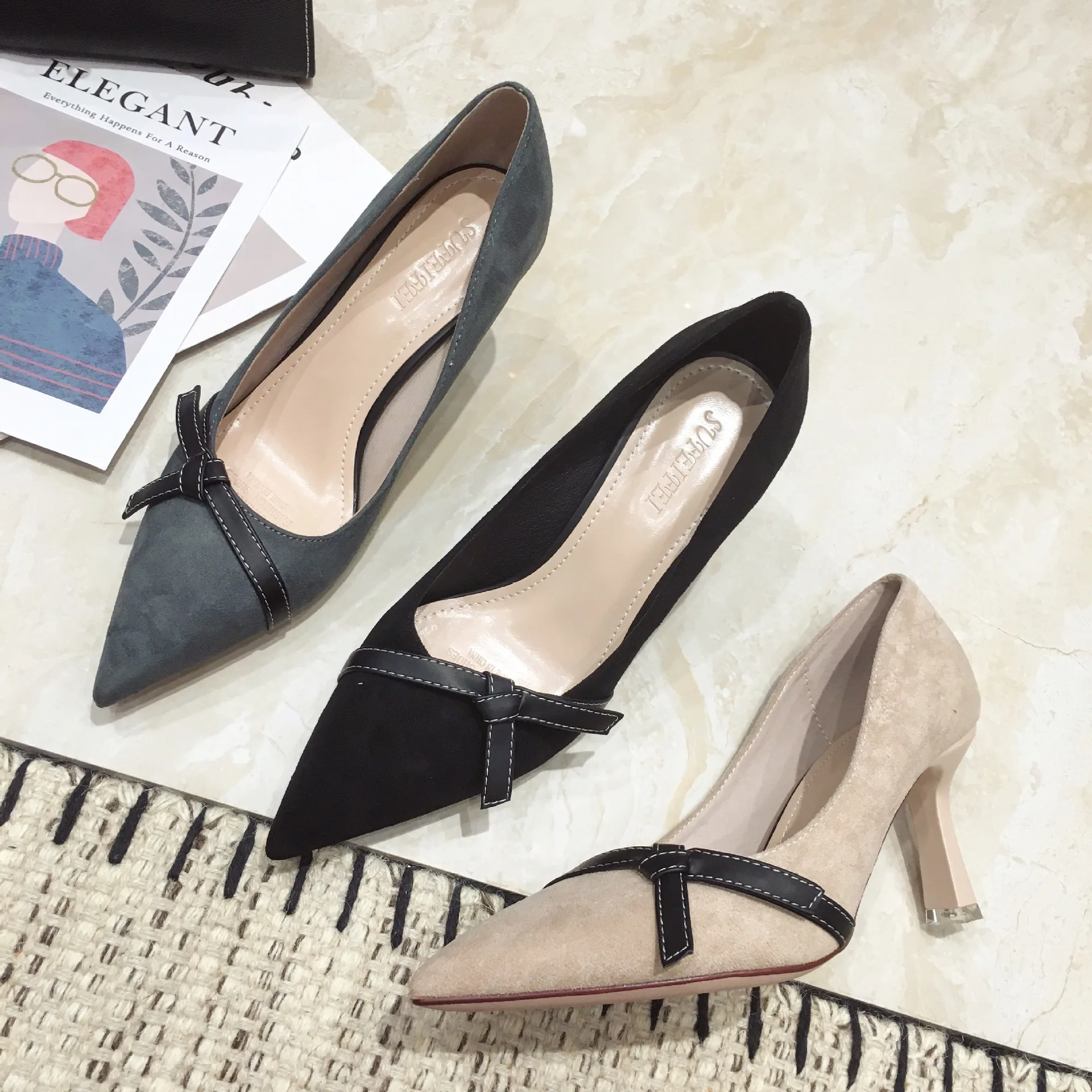 

Остроносые модные женские туфли на высоком каблуке, женские туфли-лодочки, замшевая резиновая подошва, каблук 7,5 см