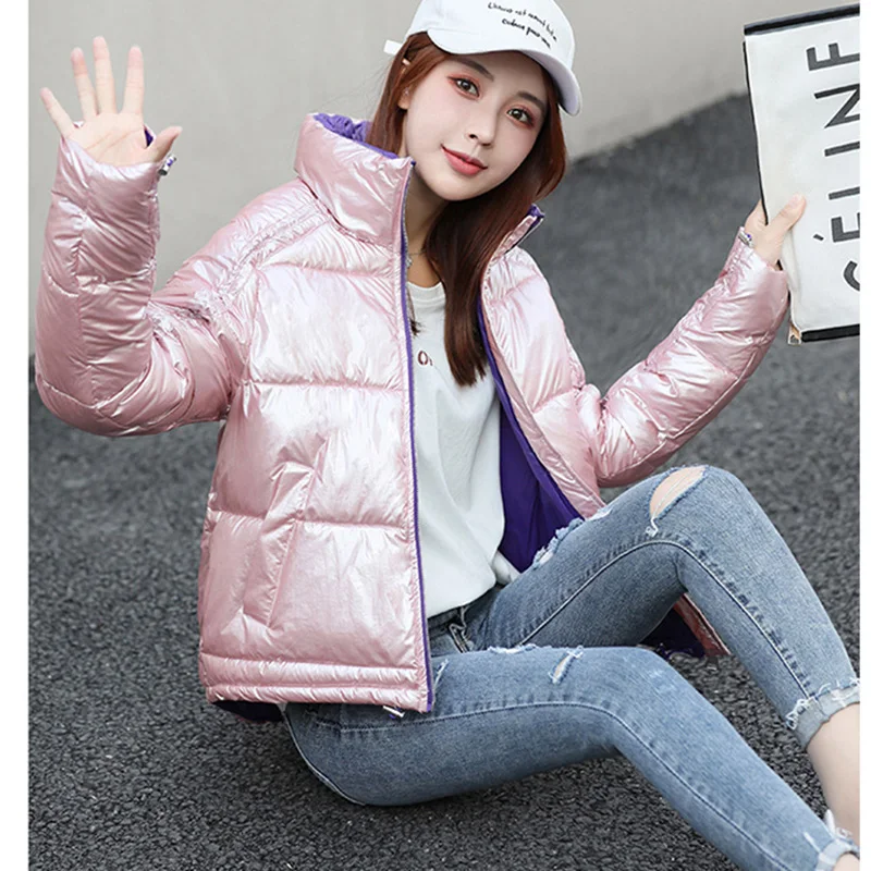 Зимняя Серебристая яркая боковая теплая Женская парка пальто модная куртка с