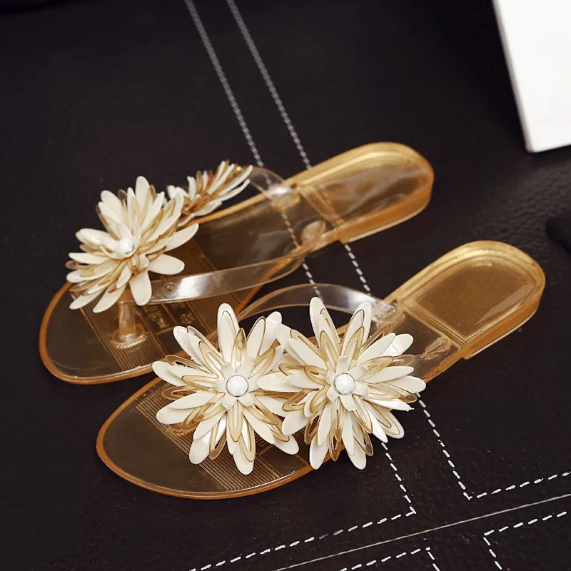 

2021 summer new style Korean flower ladies student beach slippers jelly fashion flat heel flops camellia flip flops