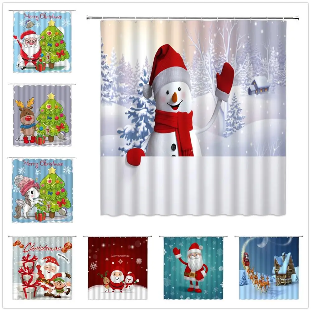 

Christmas Shower Curtain Holiday Theme Bathroom Decor Xmas Tree Cartoon Snowman Santa Claus Kids Bath Bathtub Cloth Curtain Set