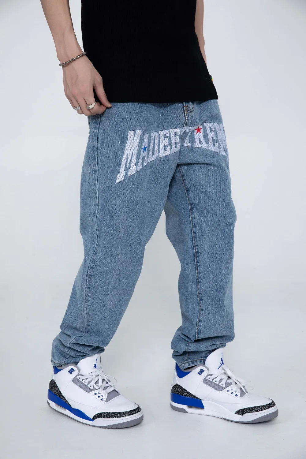 

Letter Knitting Embroidery Jeans Men 3 Color Optional Retro All-match Denim Pants Couple Casual Baggy Couple Streetwear