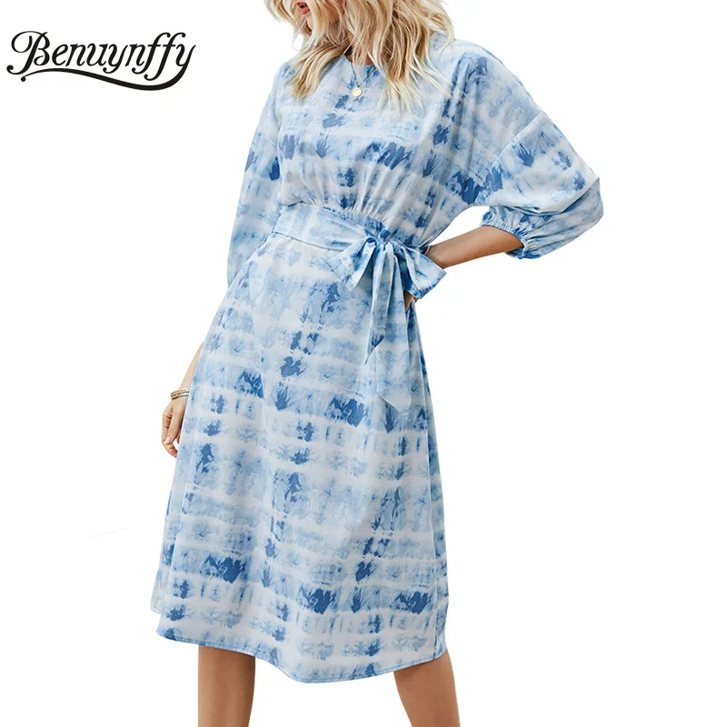 

Benuynffy Crew Neck Tie Dye Belted Dress Women Summer Fashion Street Half Sleeve Loose Casual Office Lady A-line Midi Dresses