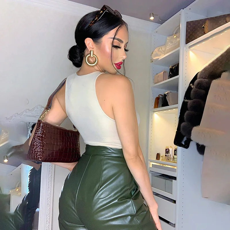 

New 2020 Women's Pants Elastic High Waist Button Autumn Winter Green Faux Leather Female PU Harem Pants Streetwear Chic Trousers