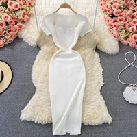 summer elegant women white knit mixi dress sexy robe short sleeve package hip bodycon dress female vestidos