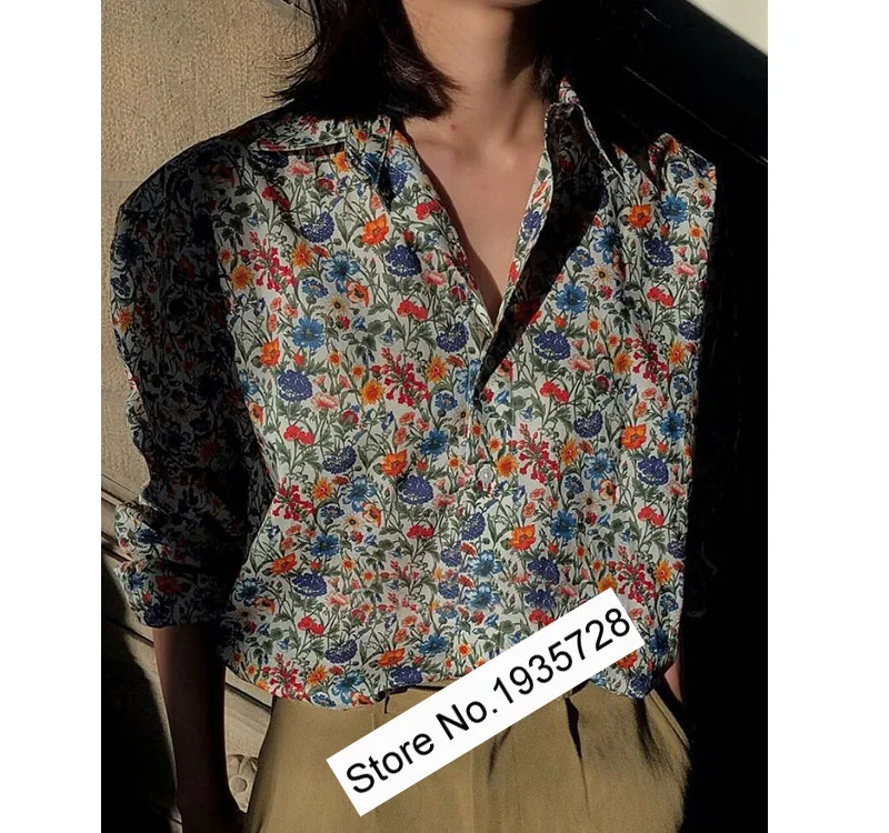 100% из хлопчатобумажной ткани в цветочек с принтом длинным рукавом отворотом