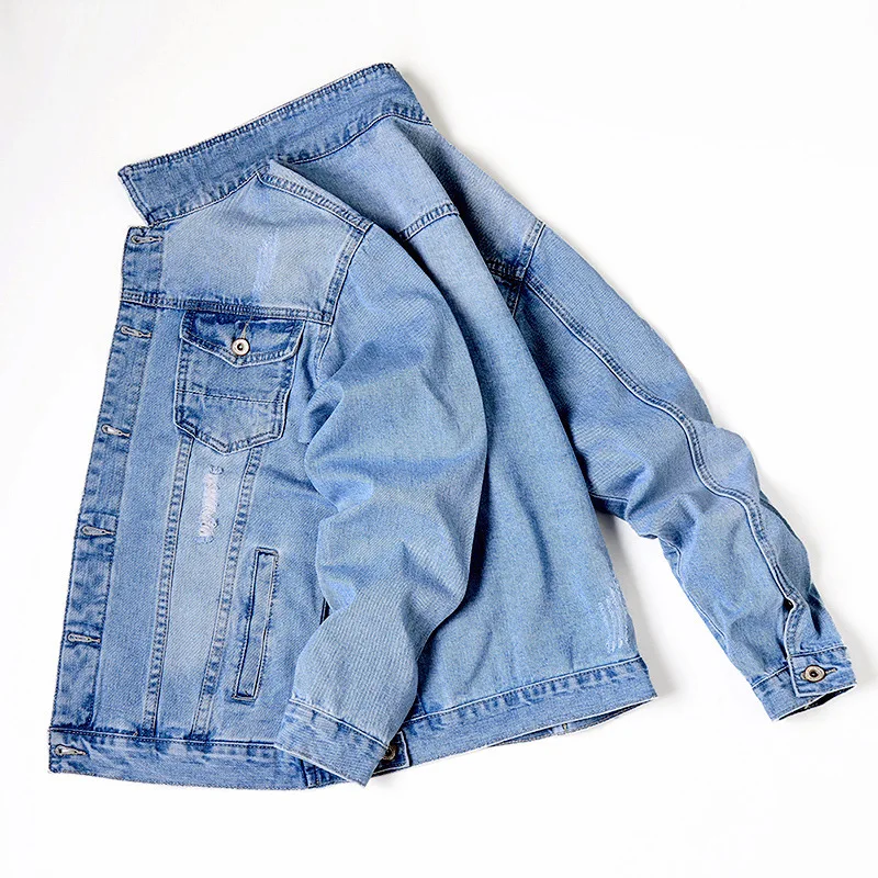 

2021 New Spring Autumn Mens Light Blue Denim Men Trendy Casual Jacket Male Bomber Ripped Cowboy Jeans Clothing Streetwear Homme