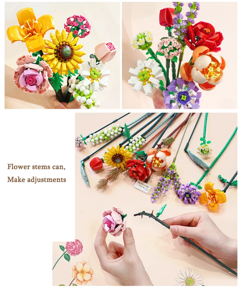 

Building Block Bouquet 3D Model Toy Home Decoration Plant Potted Chrysanthemum Rose Flower Assembly Brick Girl Toy Child Gift