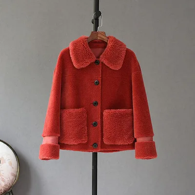 red OFTBUY, зимняя женская куртка, пальто из натурального меха, Натуральная шерсть, меховая верхняя одежда, уличная одежда с карманом, повседневная, новая мода, толстая, теплая, на пуговицах - Цвет: red