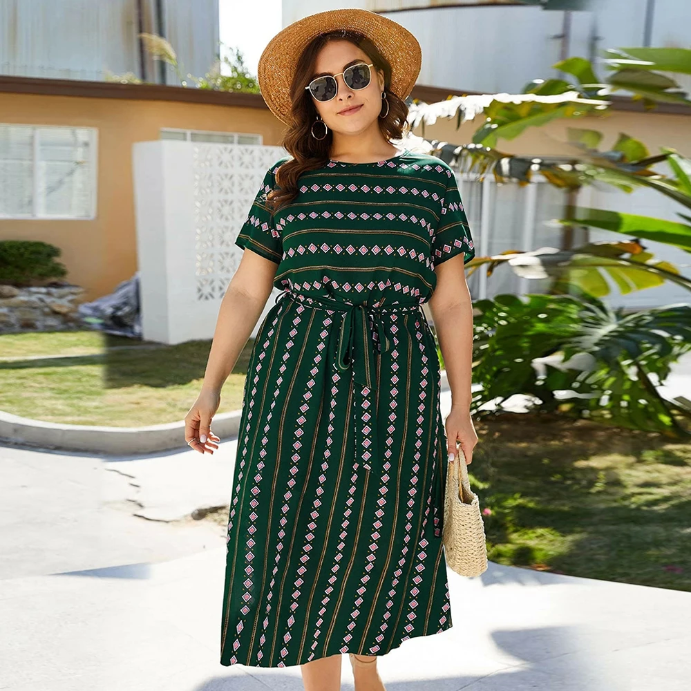 Женские платья с круглым вырезом коротким рукавом и геометрическим принтом