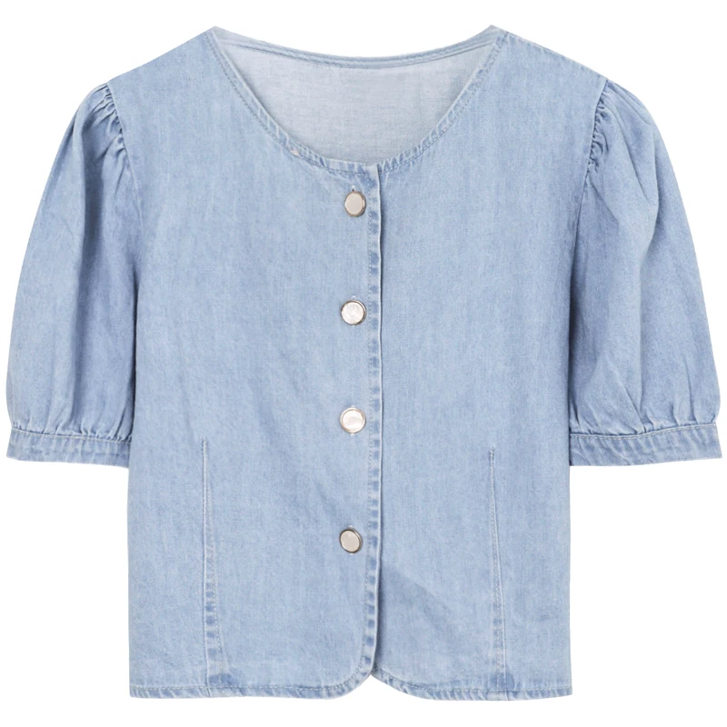 

2021 summer new hot girl style retro bubble sleeve denim shirt trendy fashion elegant top women