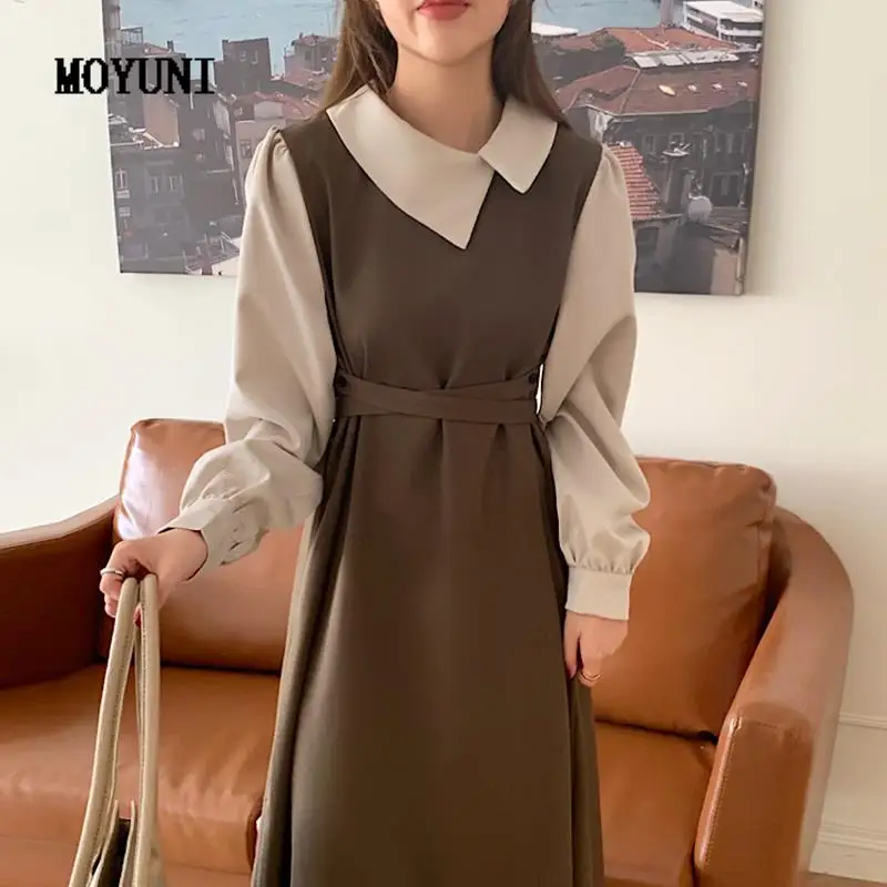 

Slim Waist Puff Long Sleeve Chic Autumn Retro Cross Lace Up Contrast Stitching Fake Two Piece Lapel Dress Women Robe Vestidos