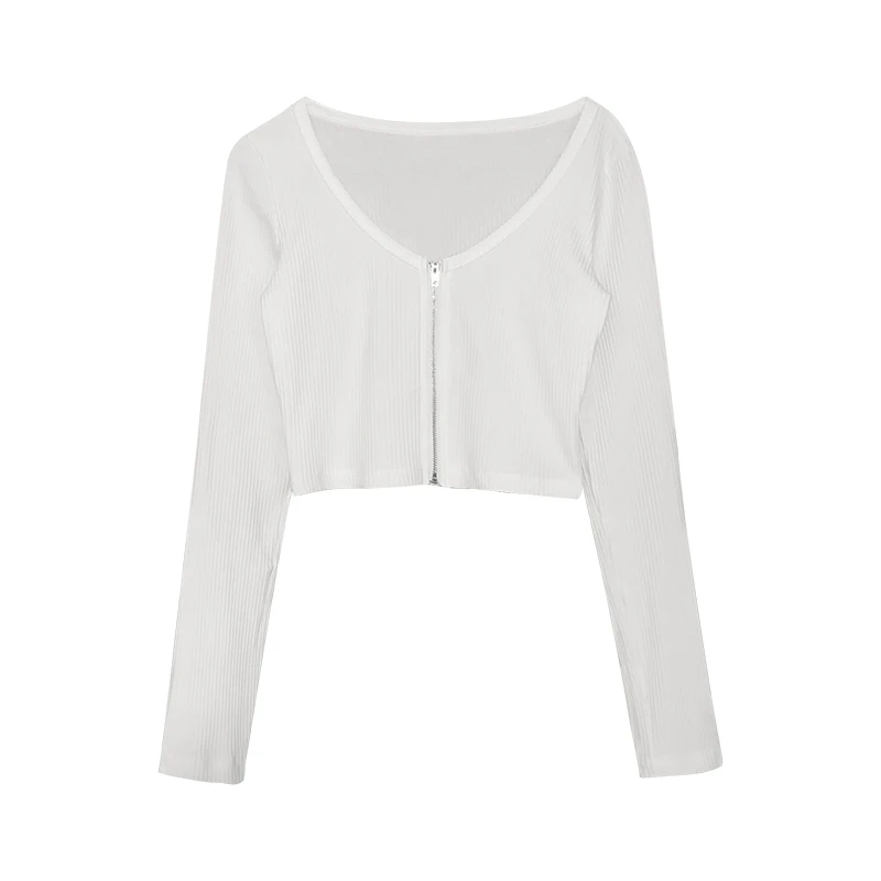 

WOMENGAGA Crew Neck Long Sleeve Slim Screw Thread Solid Color Tops Korean Zippers Open Navel Short Bottomed Cardigan Women EU2H