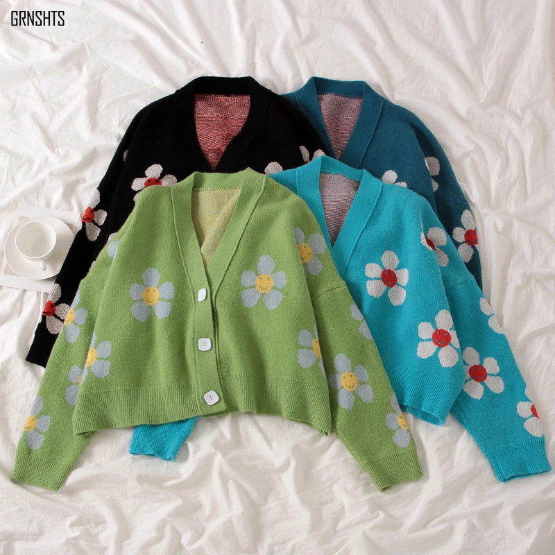 

Winter Flower Print Knit Cropped Sweater Cardigans V Neck Oversized Cute Sweatshirt 2020 Women's Jacket Short Jumper Tops