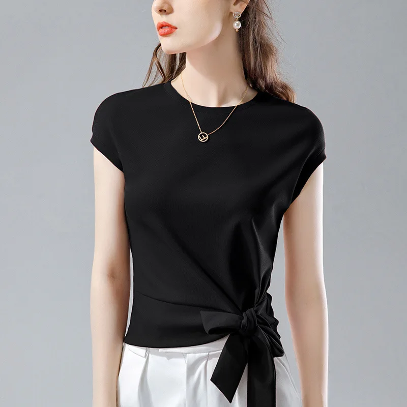 

Shoulder wrapped short sleeve T-shirt women's new pure color half sleeve cotton T-shirt with bow tie top in summer 2021