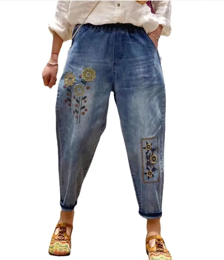 

2021 Spring Designer Demin Pants Women Embroidery flowers Jeans Ladies Elastic waist Vintage loose Denim Cross-pants p2282