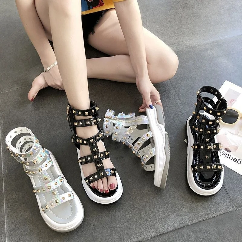 

summer laser colorful rivet cool boots thick sole one line zipper ROMAN SANDALS slope heel high top women's shoes fashion