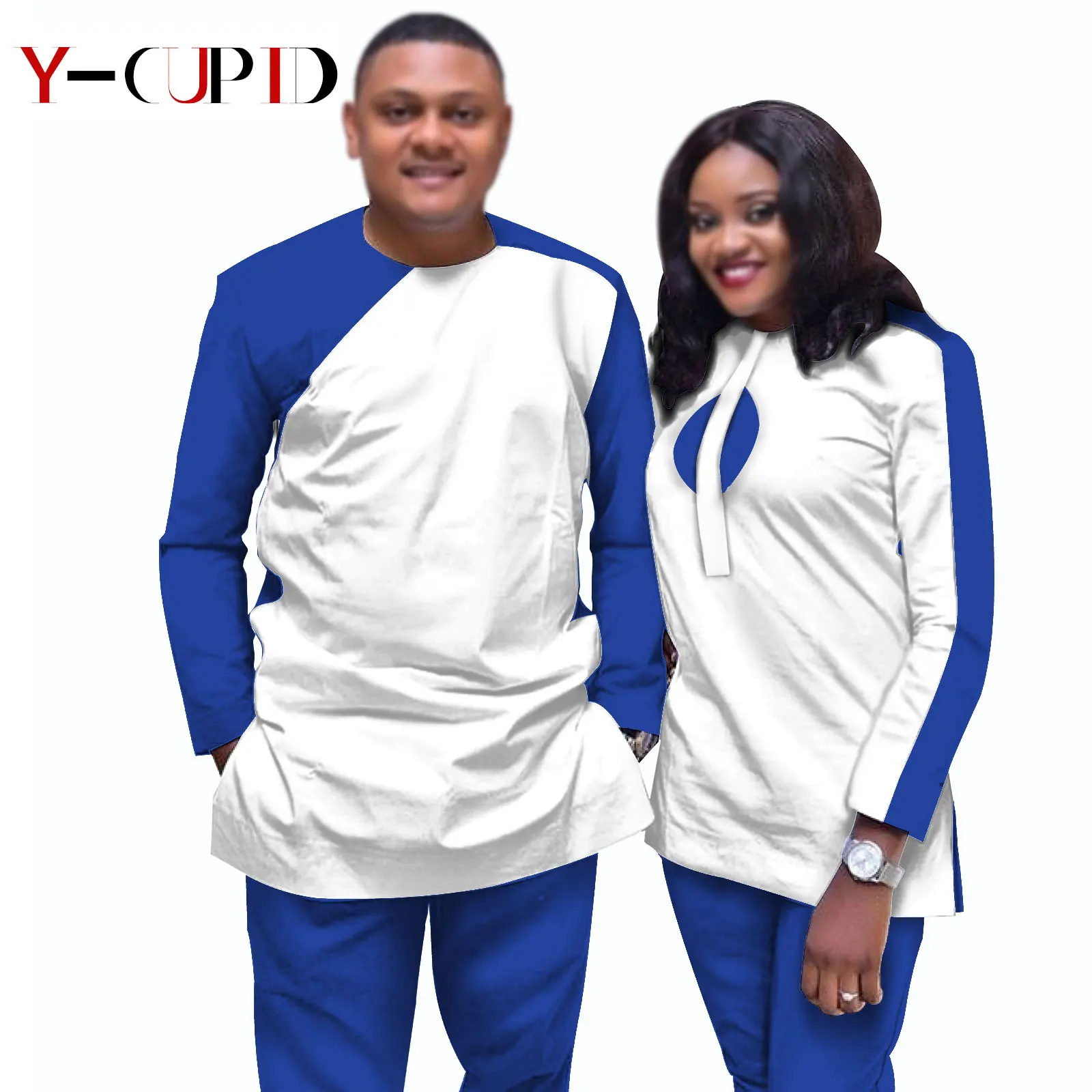 

African Clothes for Couples Women Patchwork Top Shirts and Pants Sets Matching Men Outfits Bazin Riche Lover Clothes YS20C006