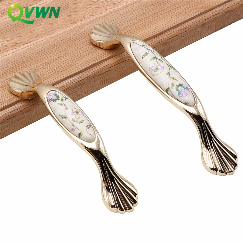 

QVWN Modern Simple Golden Porcelain Handle Hardware Cabinet Knobs And Kitchen Handles For Furniture Drawer Solid Zinc Alloy Door