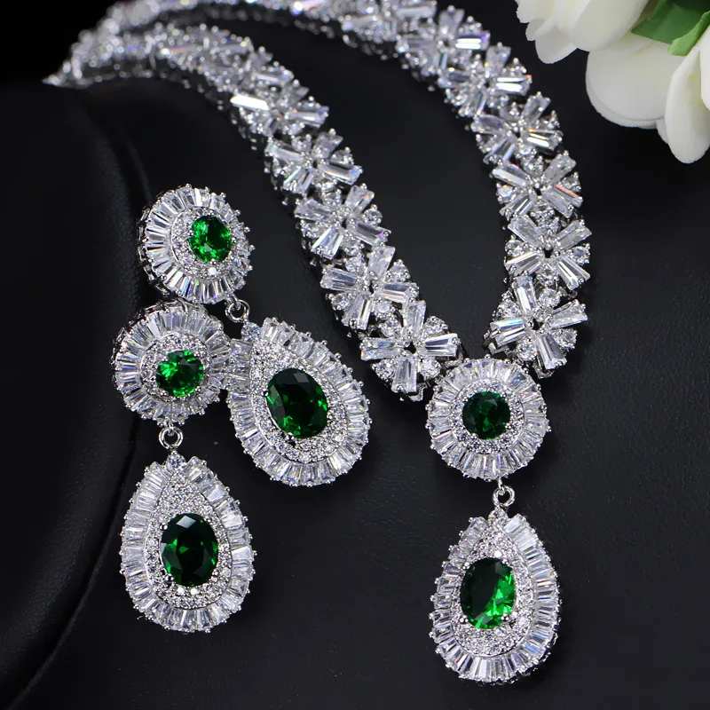 

High-End Fashion Bridal Dinner Jewelry Set Pure Handmade Copper Inlaid AAA Zircon Necklace Earrings Atmosphere Dress Accessories
