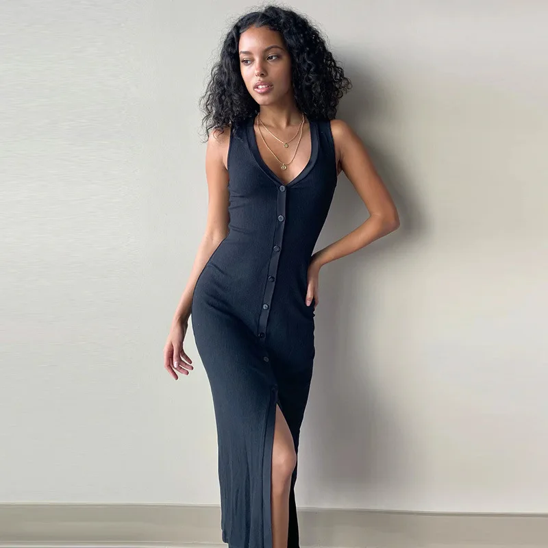 Vestido informal con Camiseta de tirantes de punto para mujer, vestido Sexy con cuello en V pronunciado con botones, ajustado, novedad de verano 2021