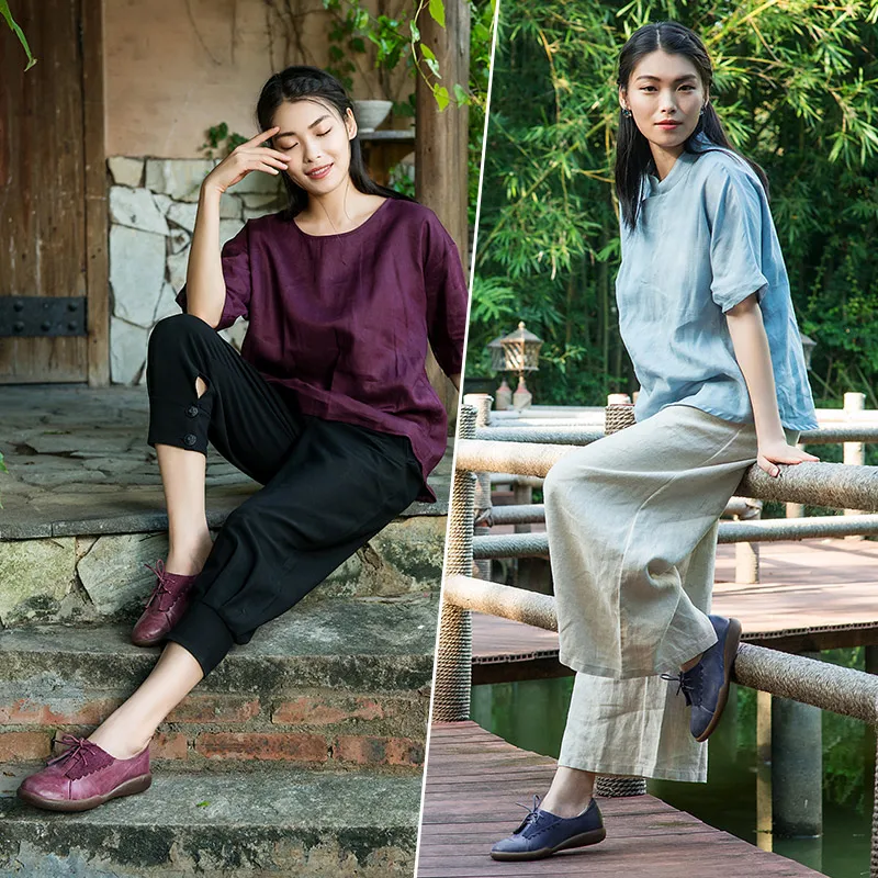 

Ladies Shoes Deep Mouth Round Head Flat Shoes Women Lace-Up Spring/Autumn Genuine Leather Flats Rubber Outsole