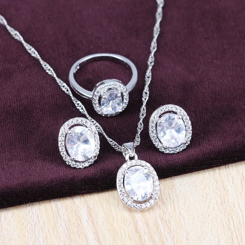 Серебро 925 Свадебные украшения белый циркон кольцо кулон ожерелье серьги для
