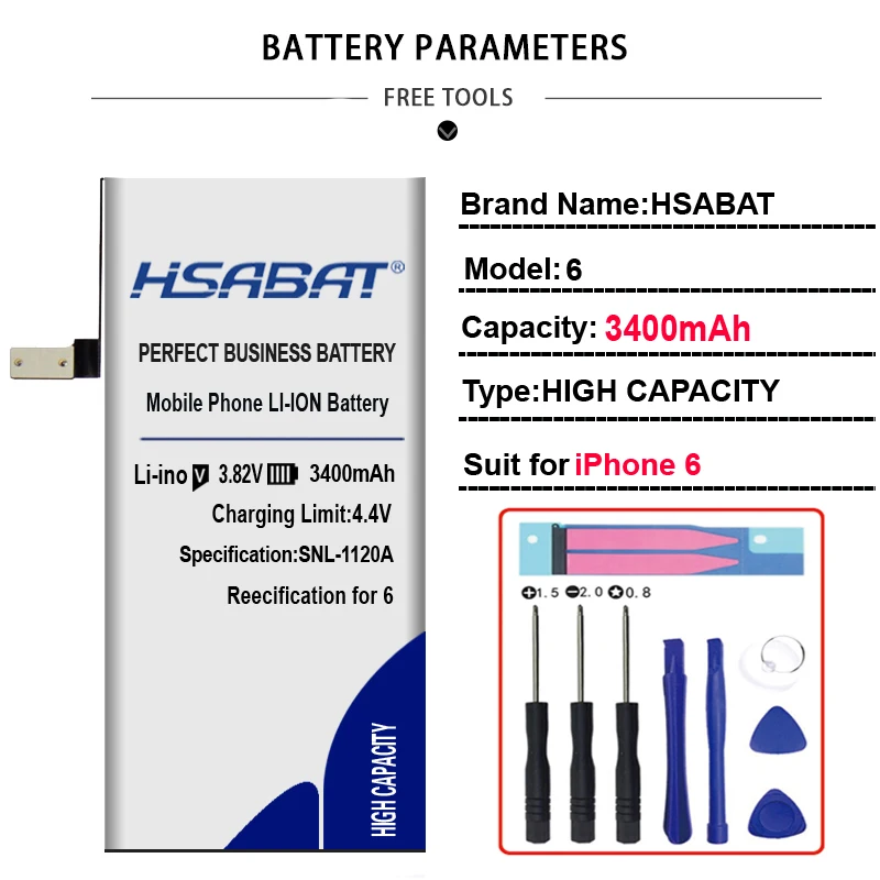 HSABAT литиевая батарея для Apple iphone 6S 6 7 5S для iphone 6 plus сменные батареи Внутренняя батарея телефона - Цвет: 3400mAh for 6